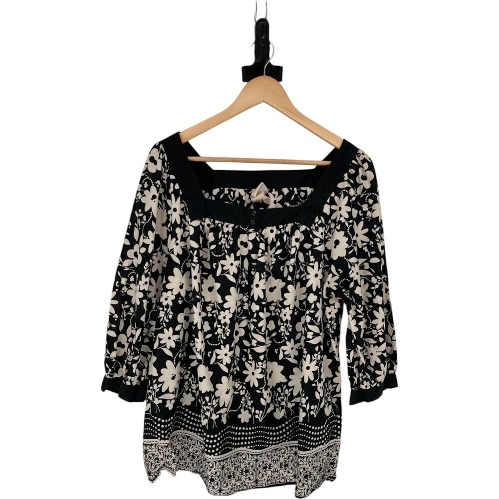 Faded Glory Top Women's Size 2X Peasant Black White Floral Boho Cottagecore